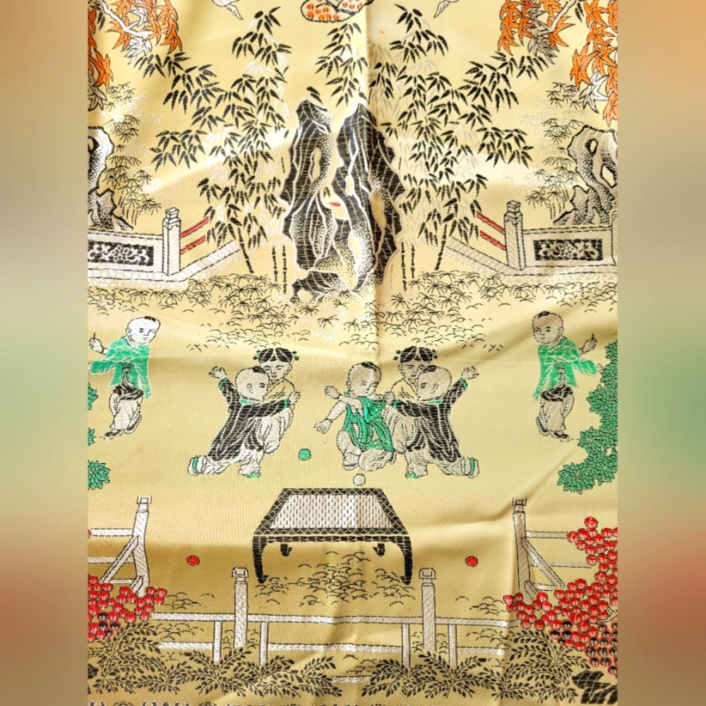 Vintage Cantonese Brocade Silk Tablecloth, Asian scenery trees, and kids playing